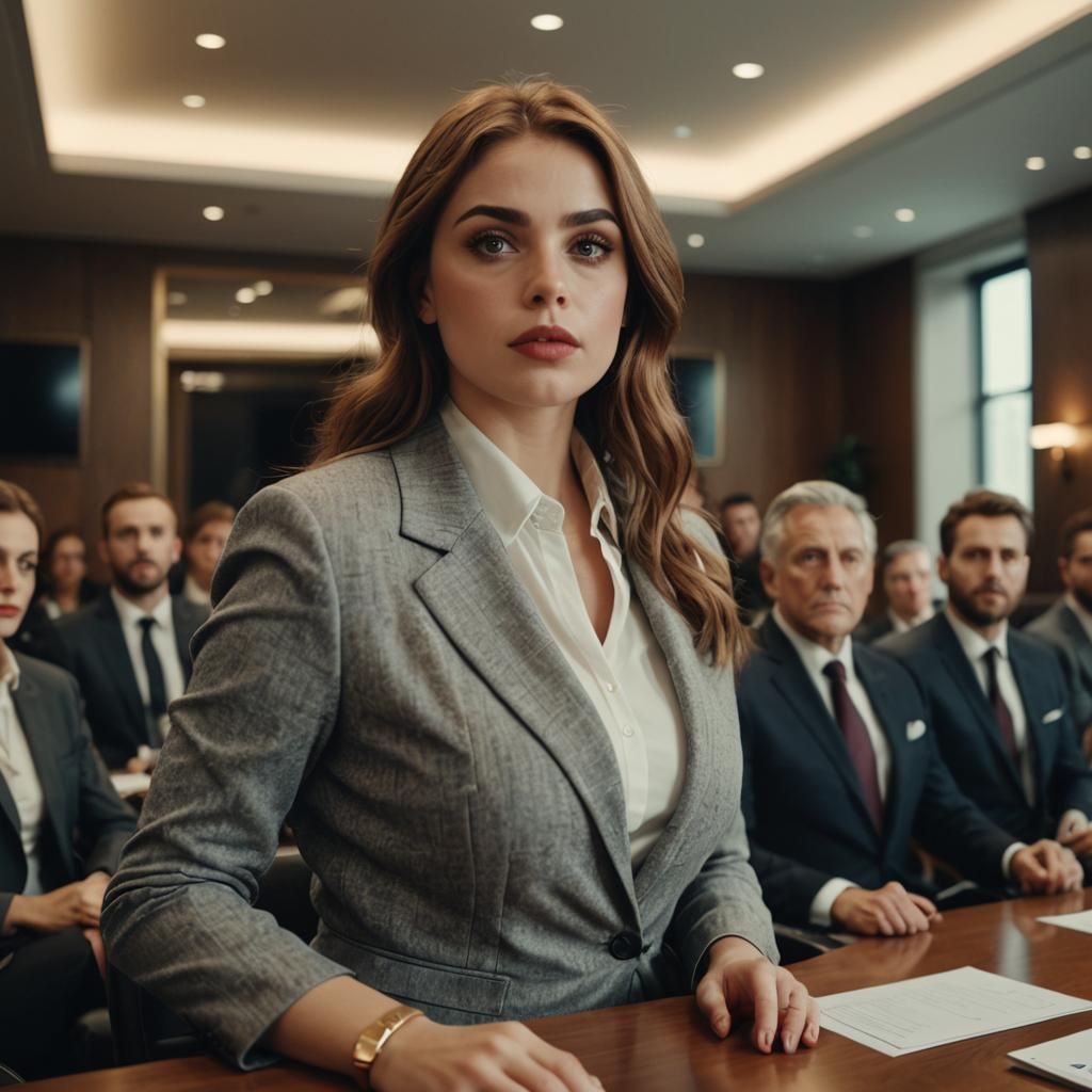 Confident Woman Leading Boardroom, Cinematic Film Still