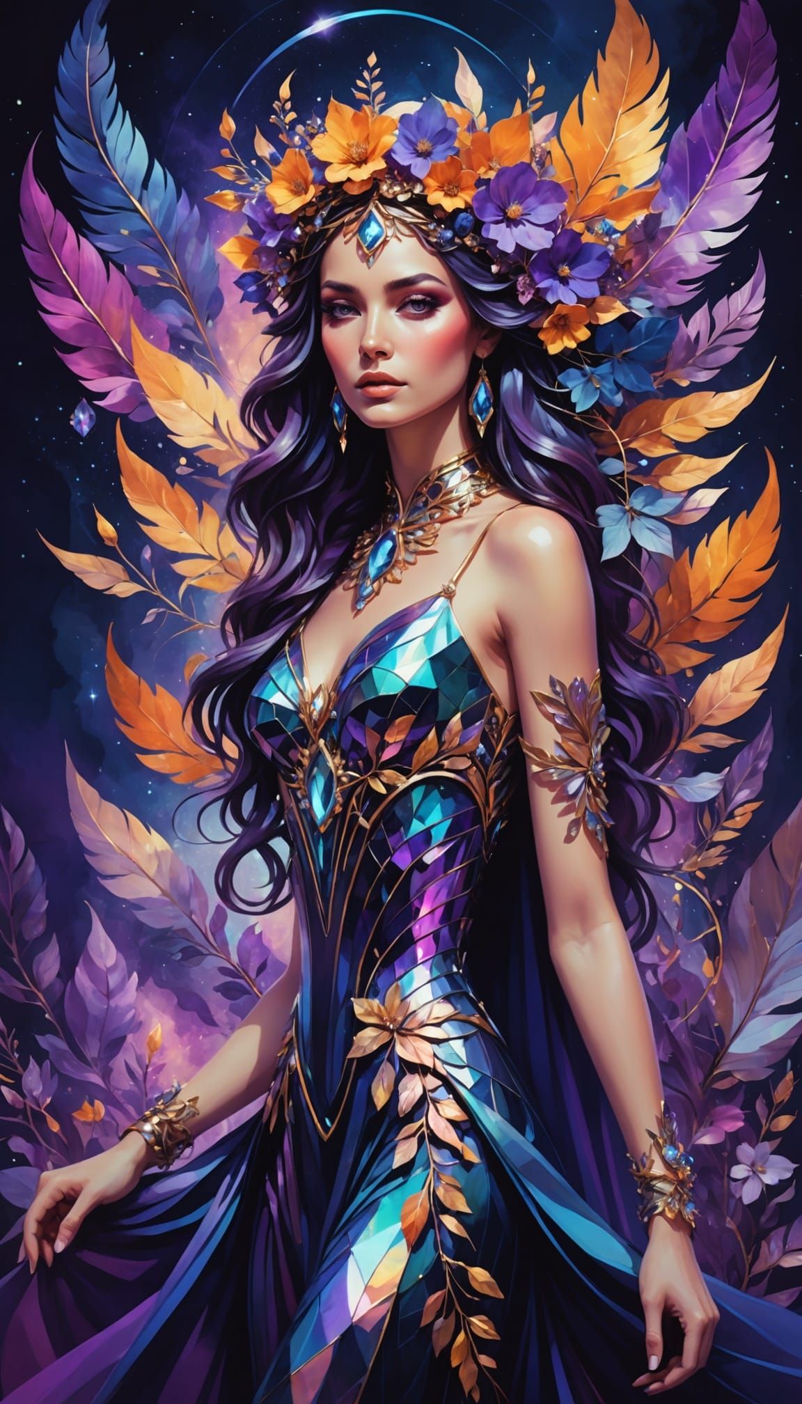 Ethereal Woman in Iridescent Gown, Sci-Fi Art