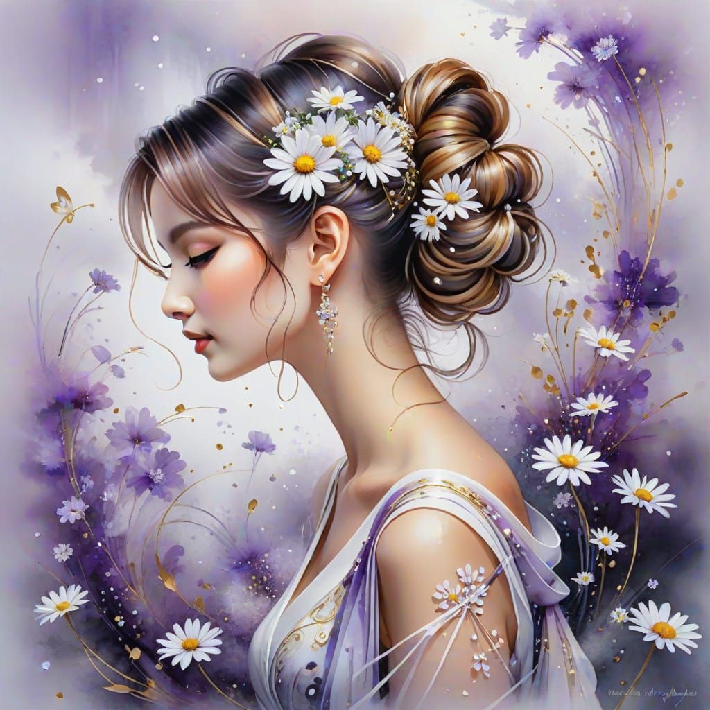 (woman with daisies in a bun:1.2), Natasha Wescoat and Willem Haenraets, (arabesques in the fog:1.5), nacre and amethyst...