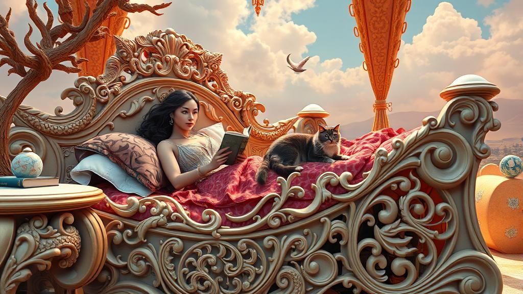 Celestial Bed: A Surreal Scene in Vivid Color