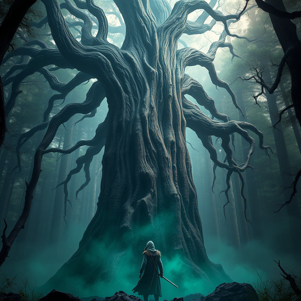 Mystical Forest: Hooded Figure Before Ancient Tree