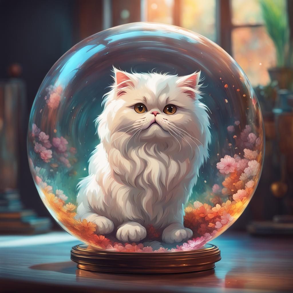 Adorable Persian Cat in Glass Sphere, Digital Art