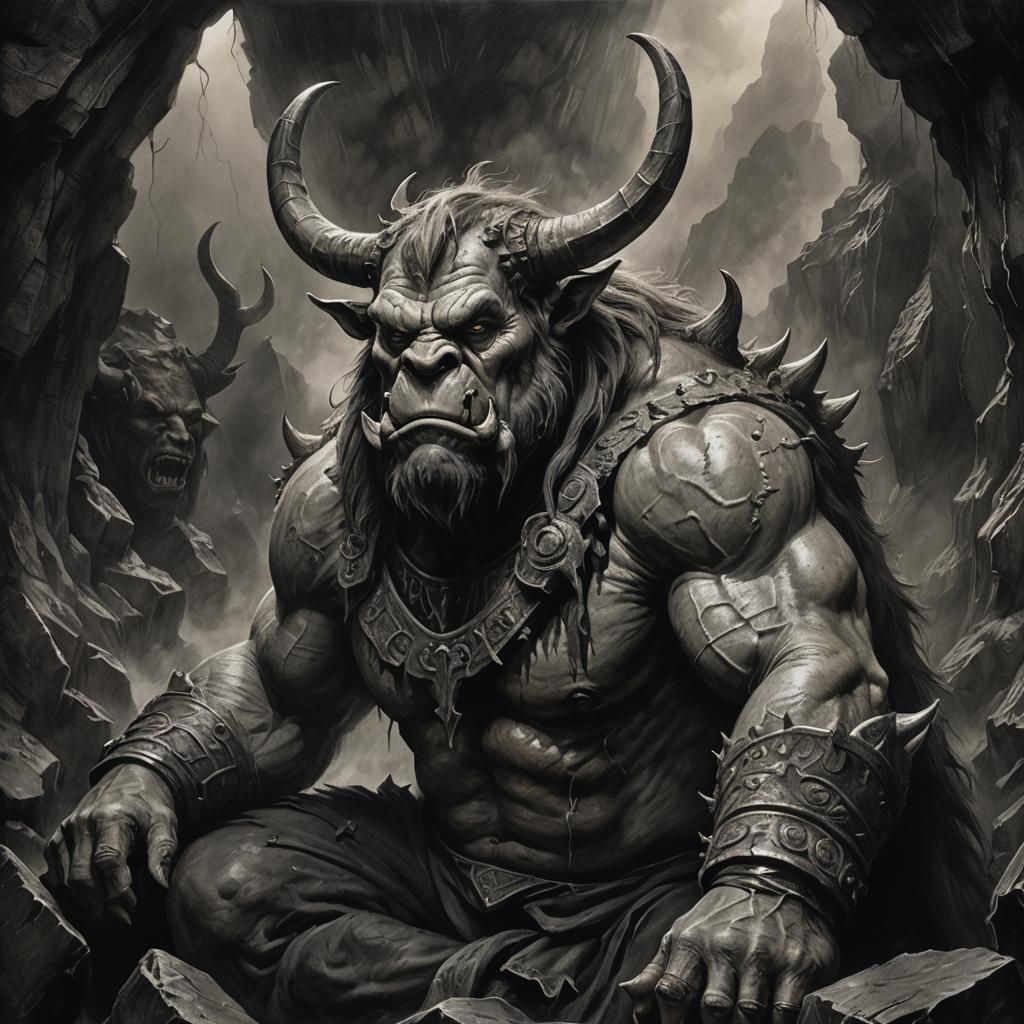 Ogre with Horns on Rocky Throne in Charcoal