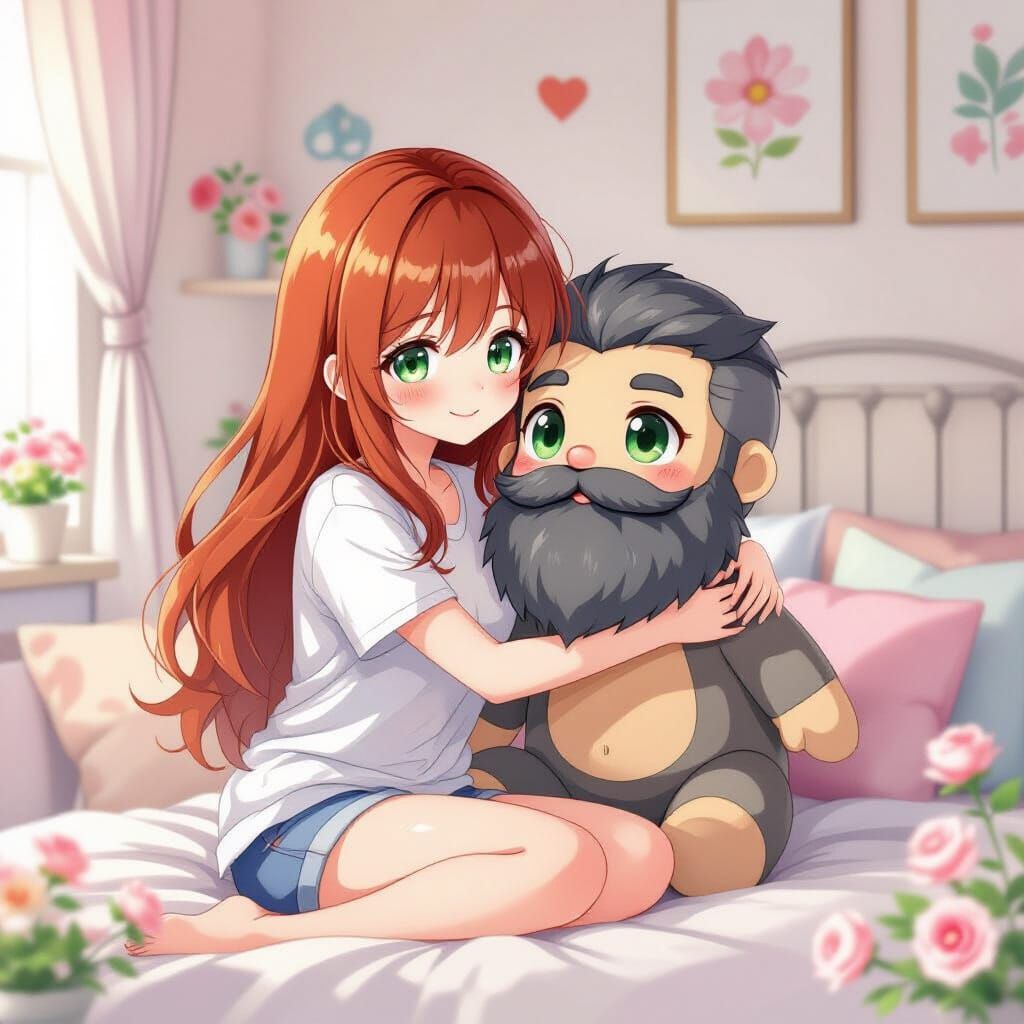 Woman Hugging Geologist Doll in Watercolor Anime Style