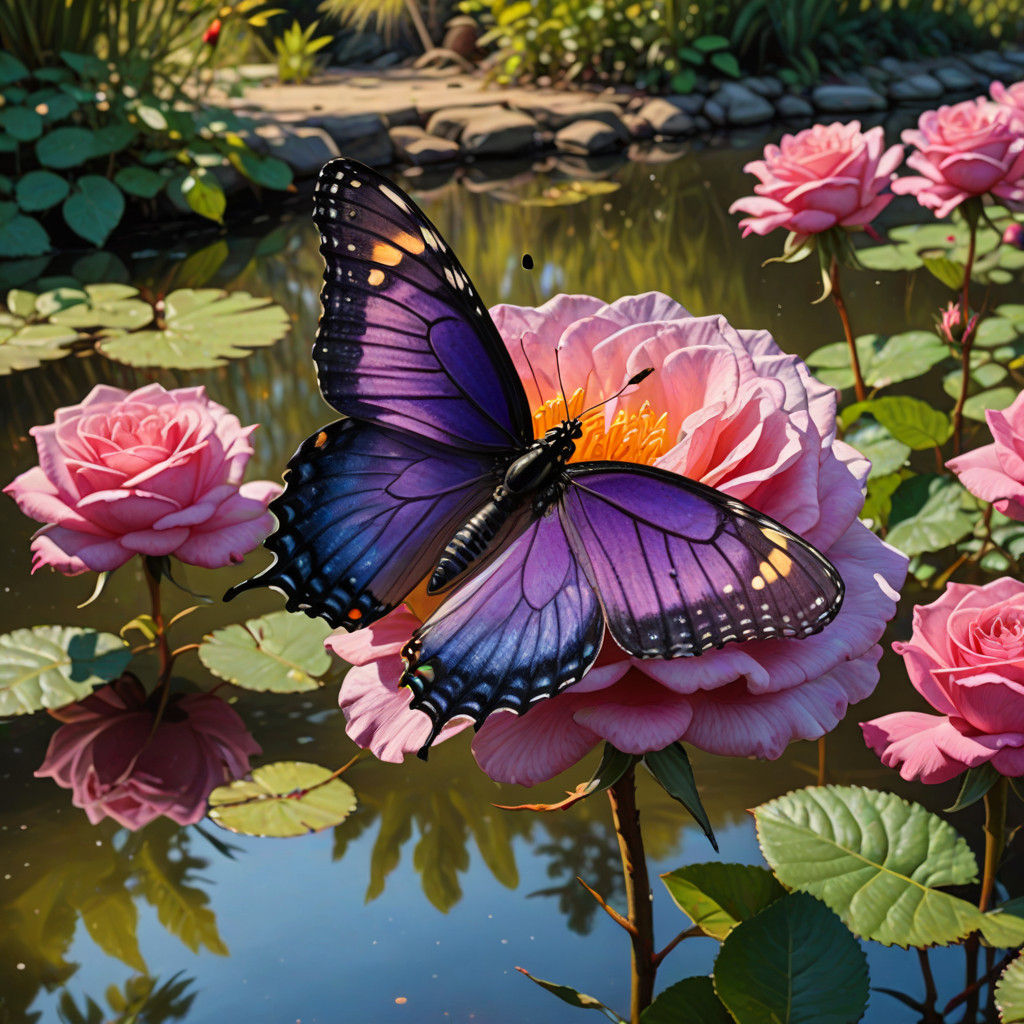A gigantic, masterpiece of a beautiful purple monarch   butterfly sitting  on a large gorgeous Magenta colored rose, veg...