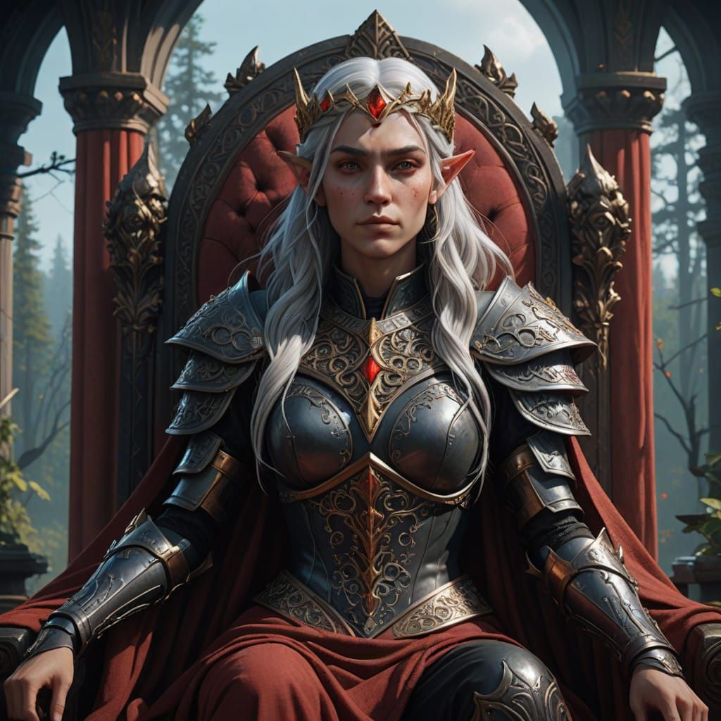 Regal Dark Elf Queen in Ornate Throne, Silvery Hair and Armo...