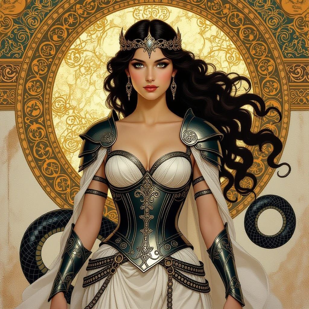 Ethereal Warrior Goddess in Greco-Roman Fresco Style