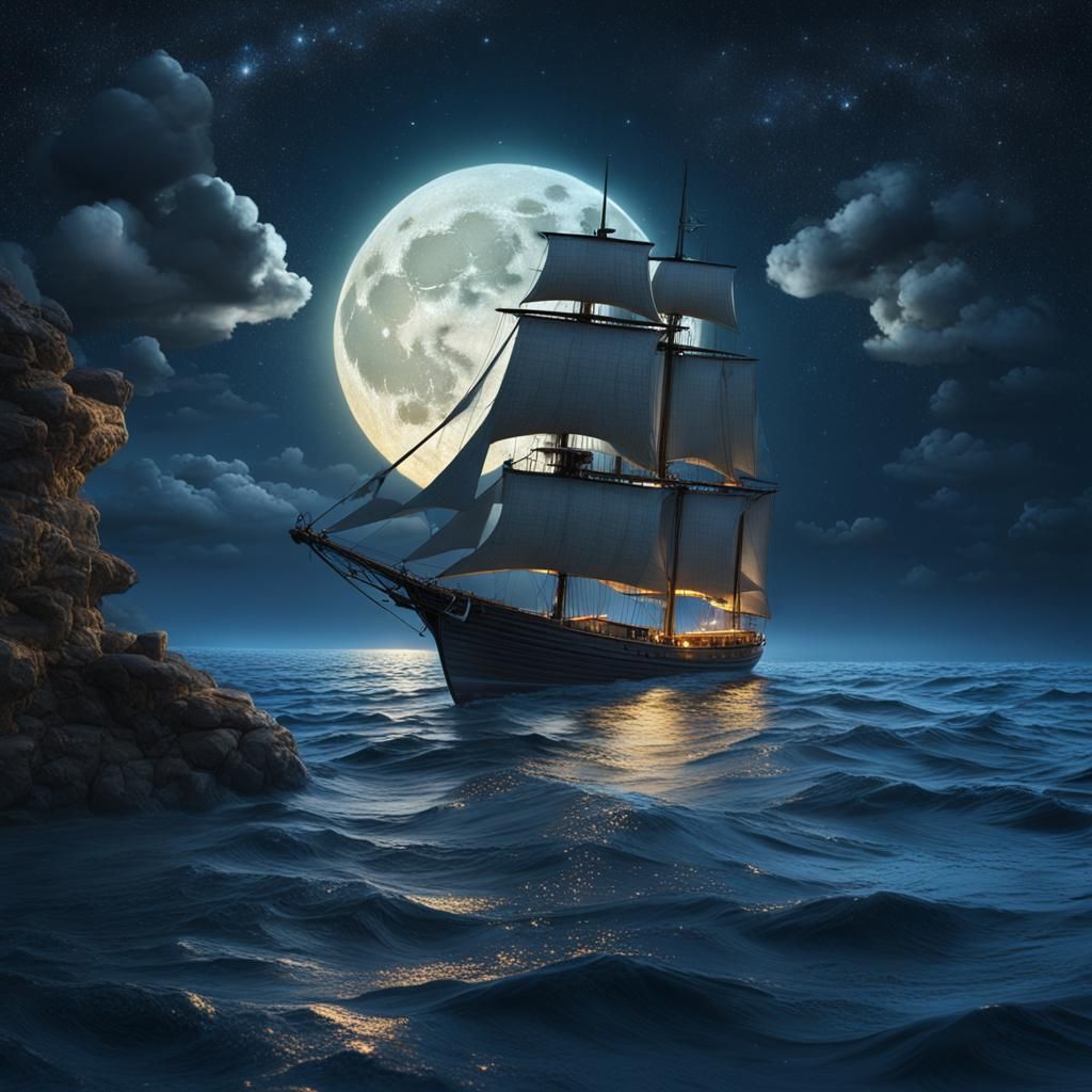 Sailboat on Ocean Under Starry Moon