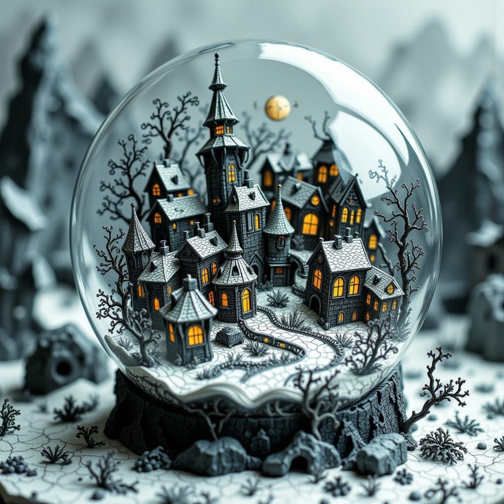 Miniature Gothic Village in Snow Globe Diorama
