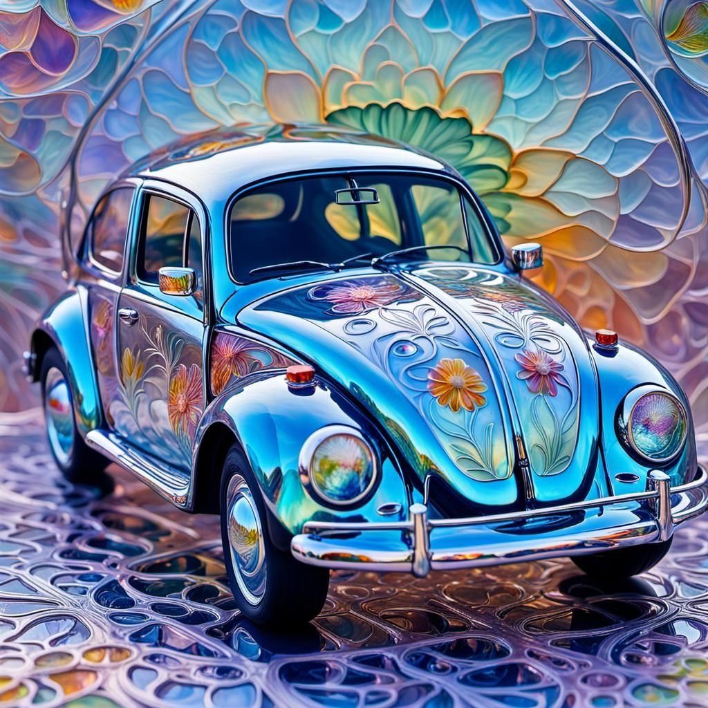 Enameled Glass VW Beetle in Art Nouveau Style