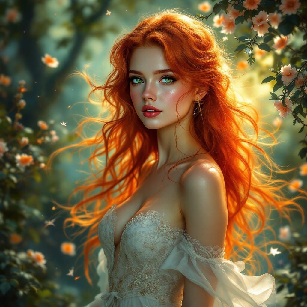 Fiery Redhead in Ethereal Fantasy Oil Painting