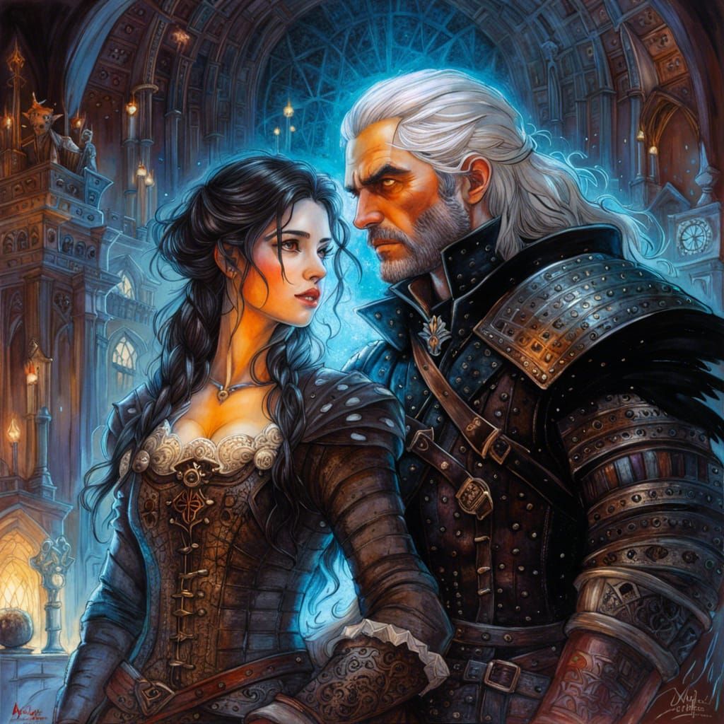 Geralt and Yennefer in a Dark Fantasy Palace