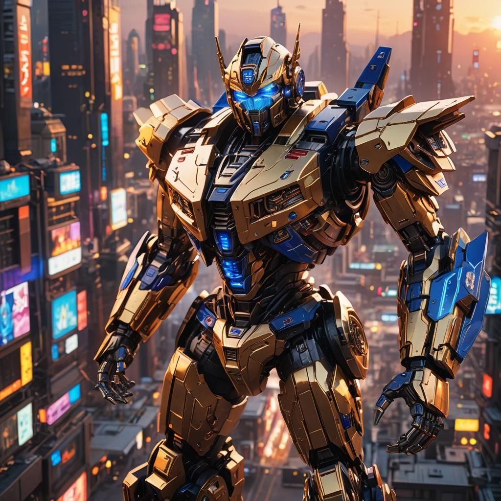 Transformers Robot in Anime-Inspired Futuristic Cityscape