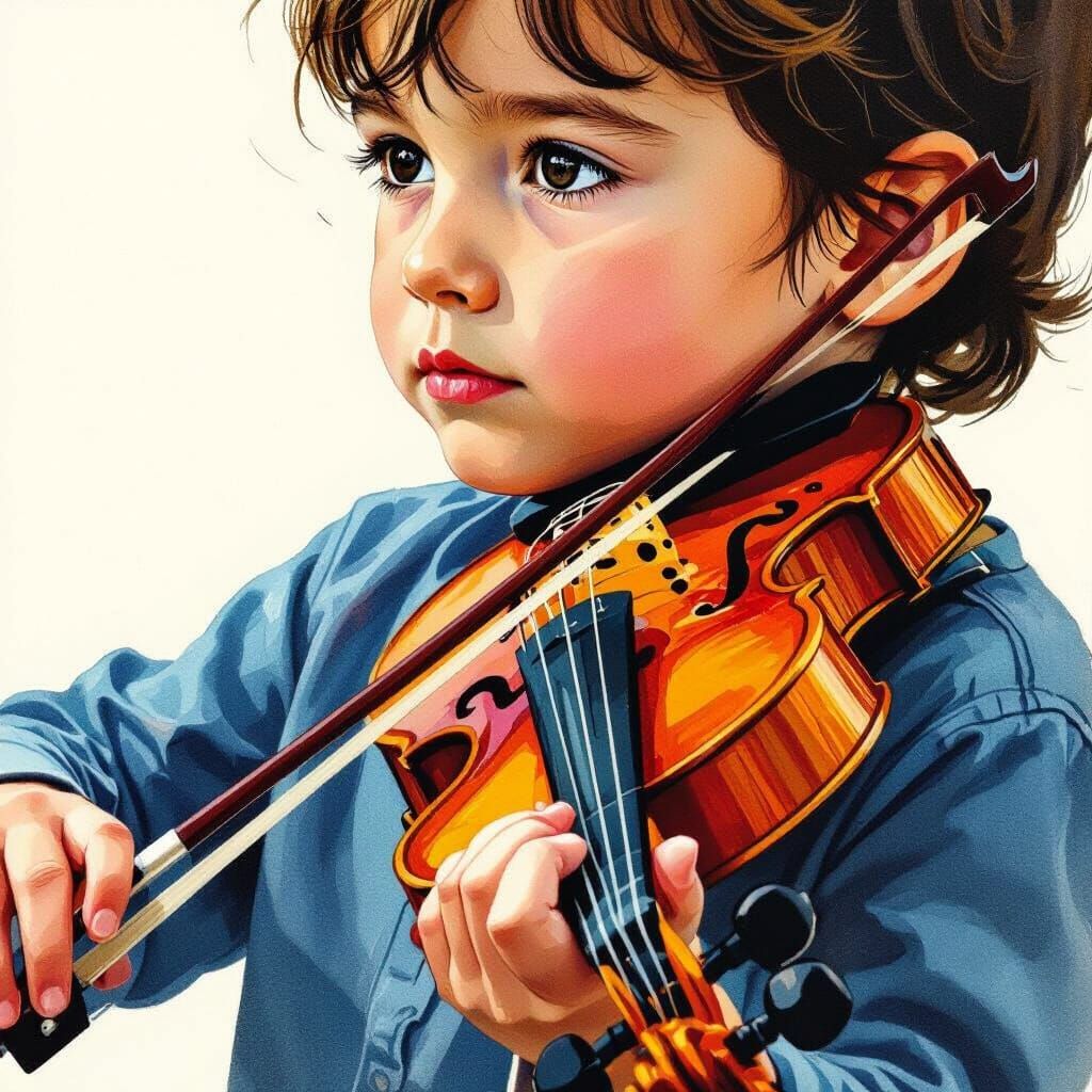 Child Focused on Playing Violin, Colored Pencil Style