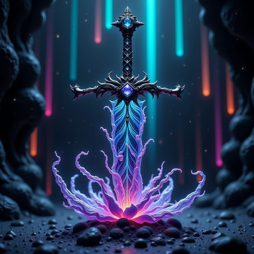 Ethereal Black Sword in Impasto Style with Iridescent Dragon...