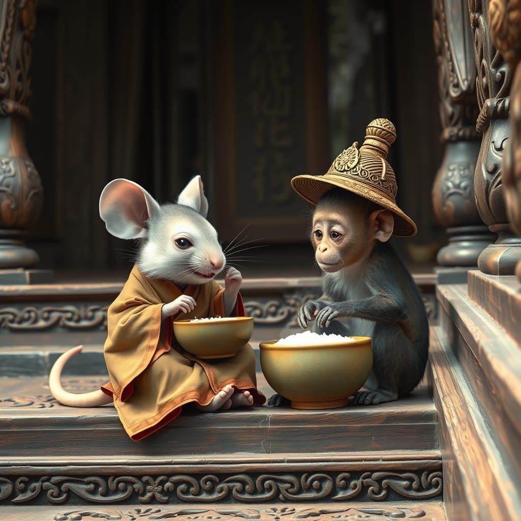 Buddhist Mouse and Monkey in Serene Temple