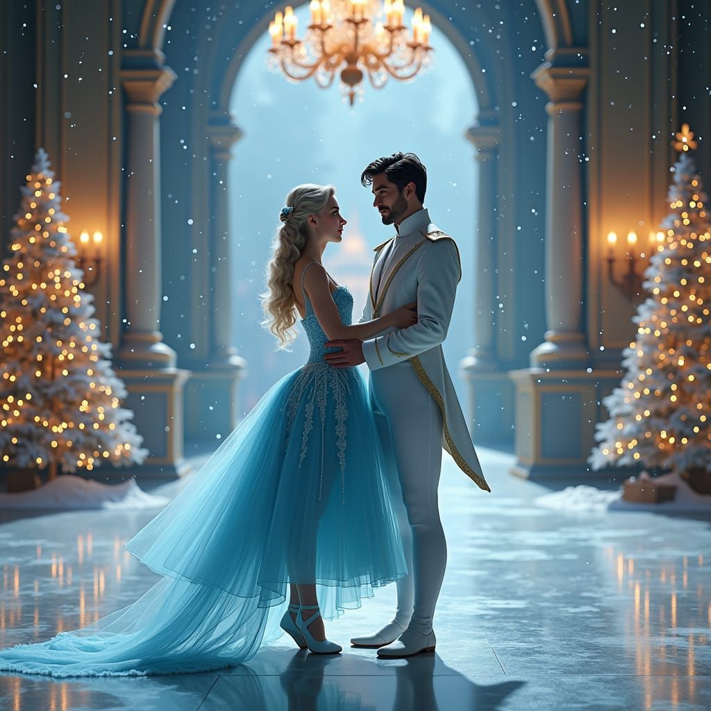 Clara and Prince Eric in Opulent Ballroom, Cinematic Film
