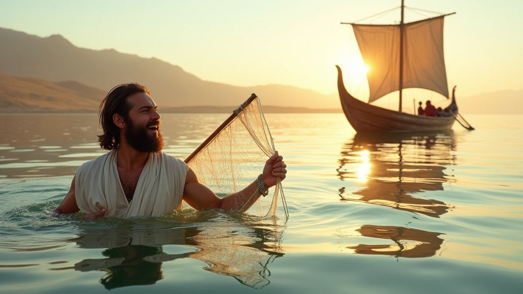 Biblical Scene: Man Swimming in Lake at Sunrise