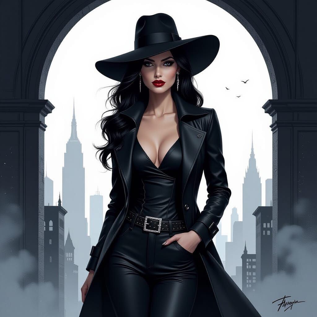 Gothic Noir Woman in Monochromatic Cityscape
