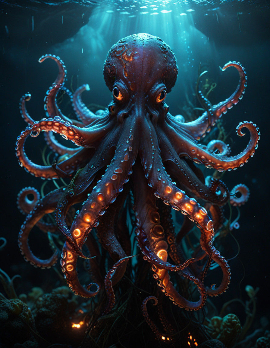 Glowing Red Octopus in Dark Ocean Depths