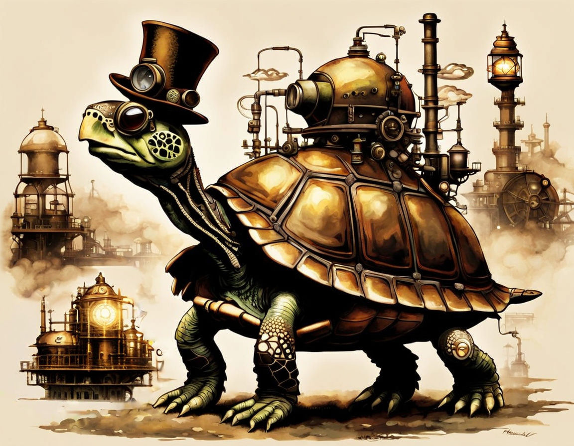 Steampunk Turtle in Victorian Factory Landscape