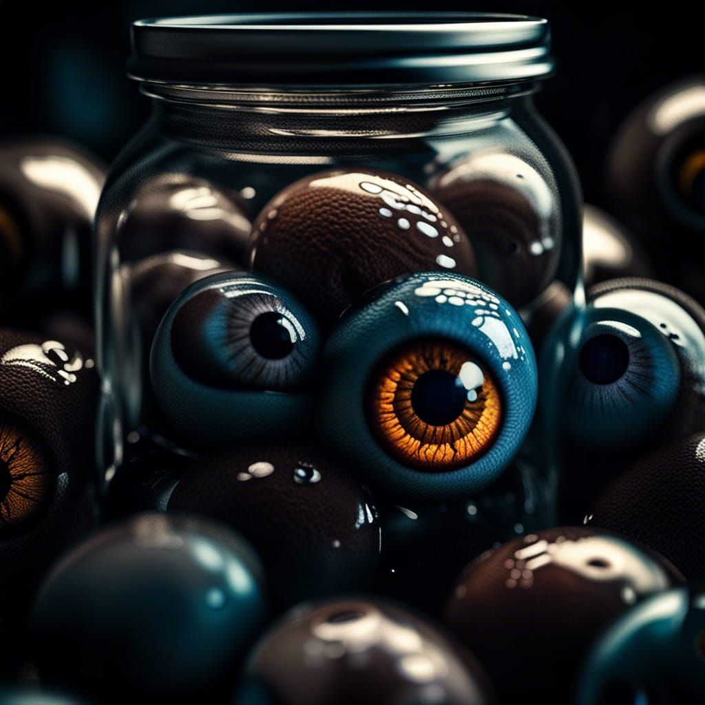 Hyper-Realistic Jar of Eyeballs in Cinematic Lighting