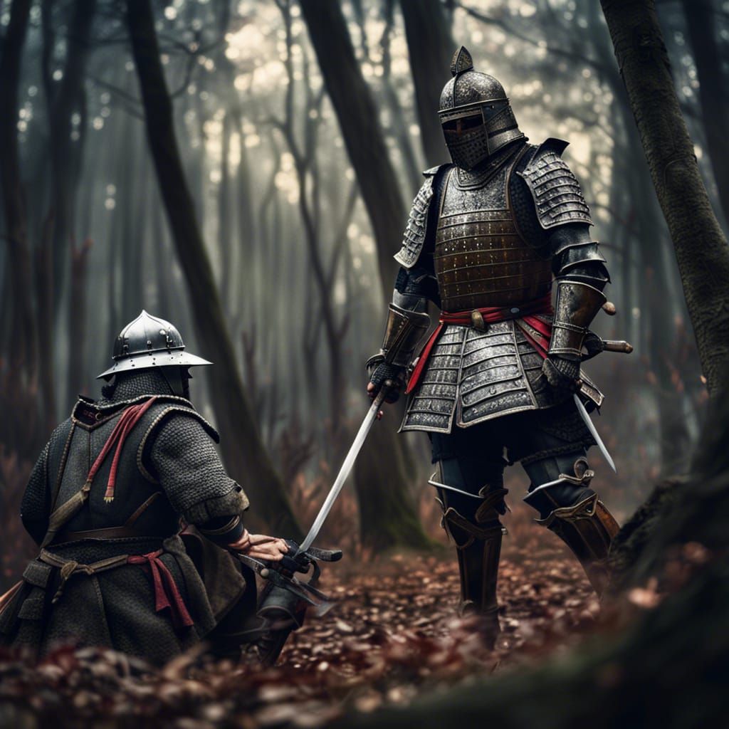 French Knight Meets Samurai: Hyperrealistic Encounter
