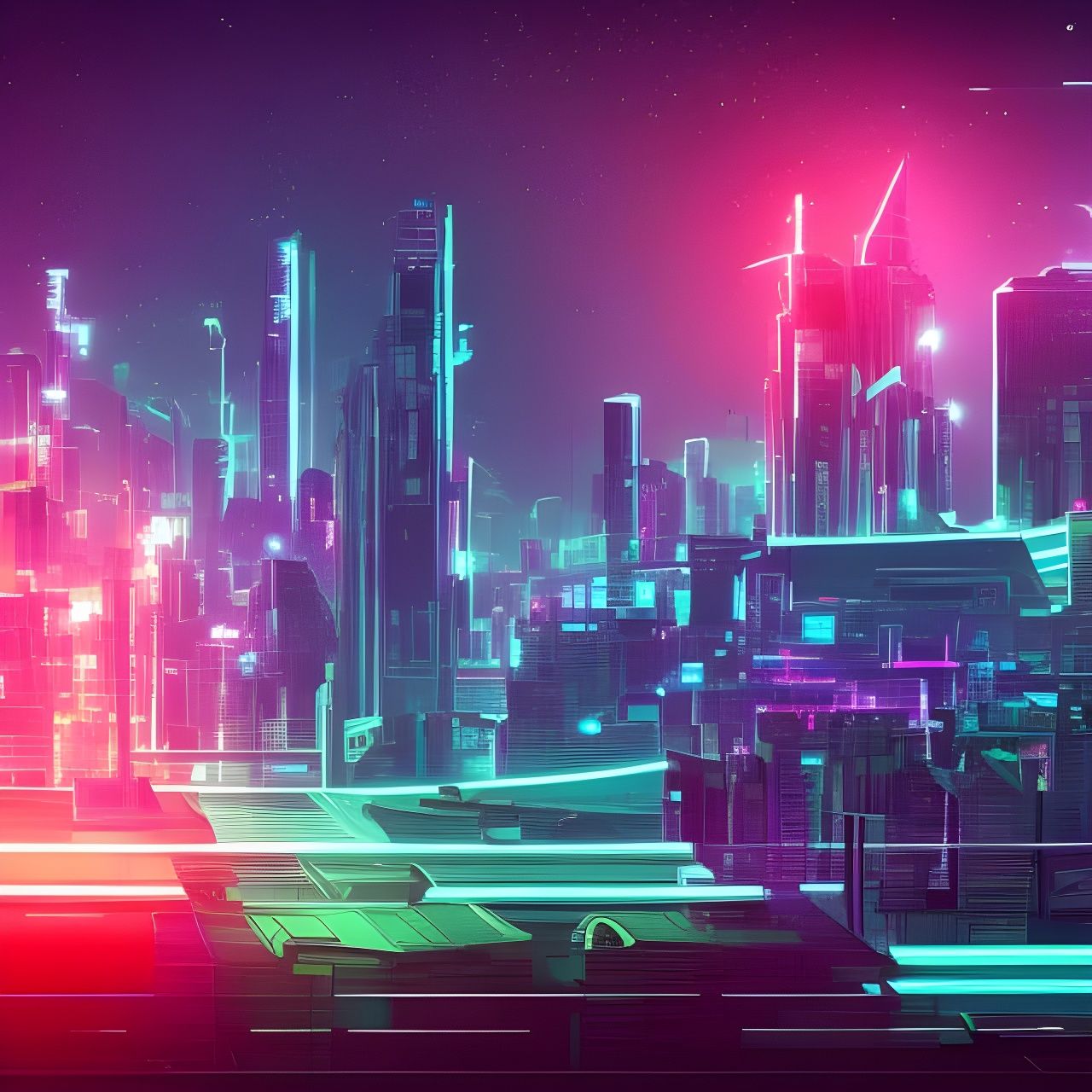 Neon Futuristic Cityscape Under Starry Sky