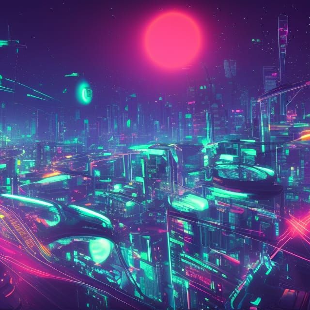Neon Futuristic Cityscape Under Starry Night