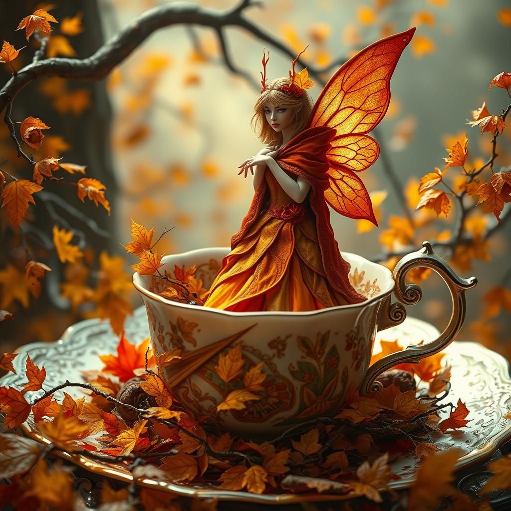 Autumn Fairy in Teacup: Whimsical Fantasy Art