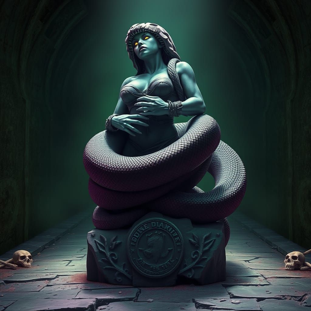 Dark Fantasy Woman-Snake Hybrid La Gorgona in Ancient Ruins