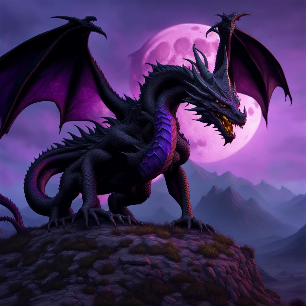 Black Dragon with Purple Fire, Fantasy Art