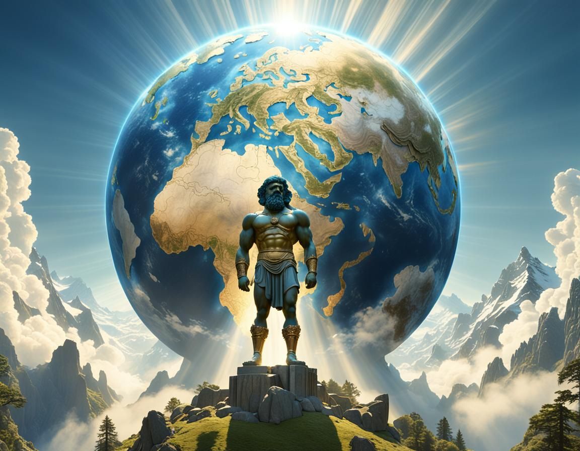Atlas holding up a very realistic gigantic Earth on his shoulders,