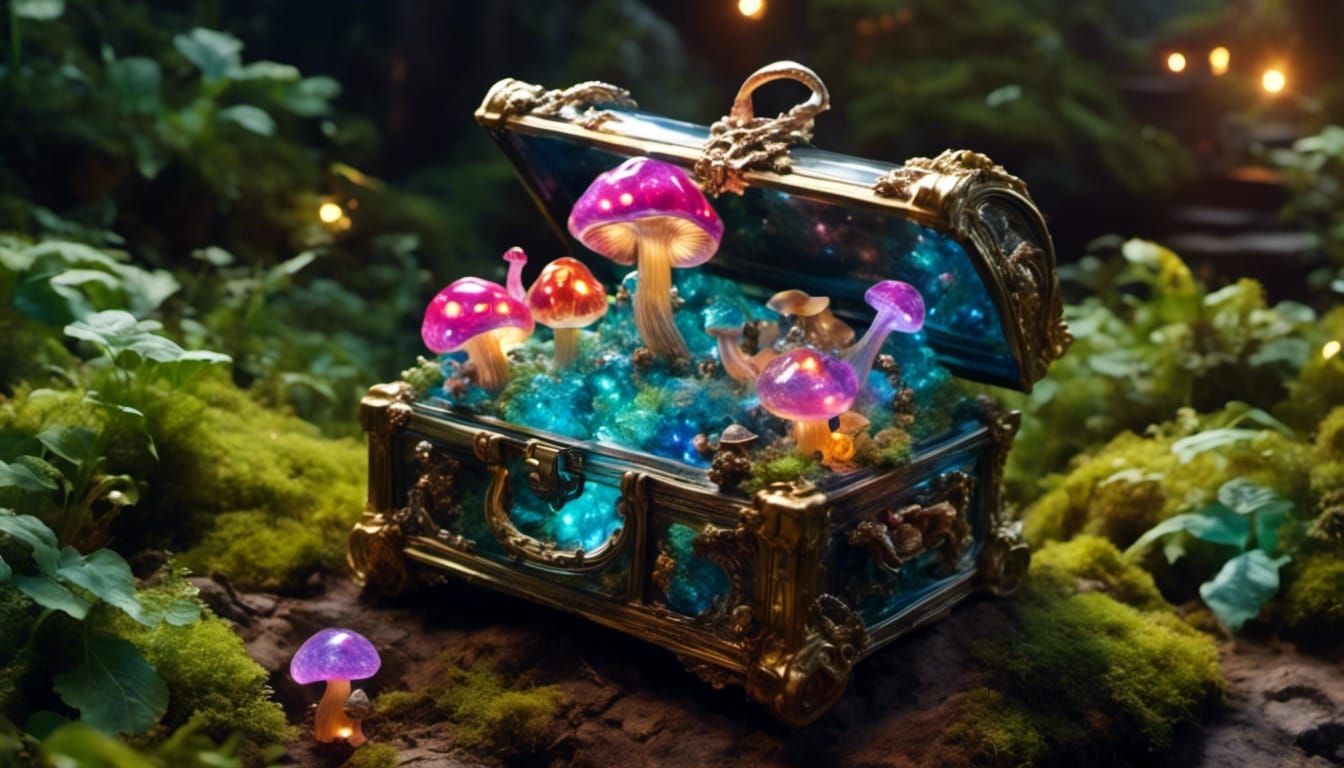 Mushroom Fantasy World in Glass Treasure Chest