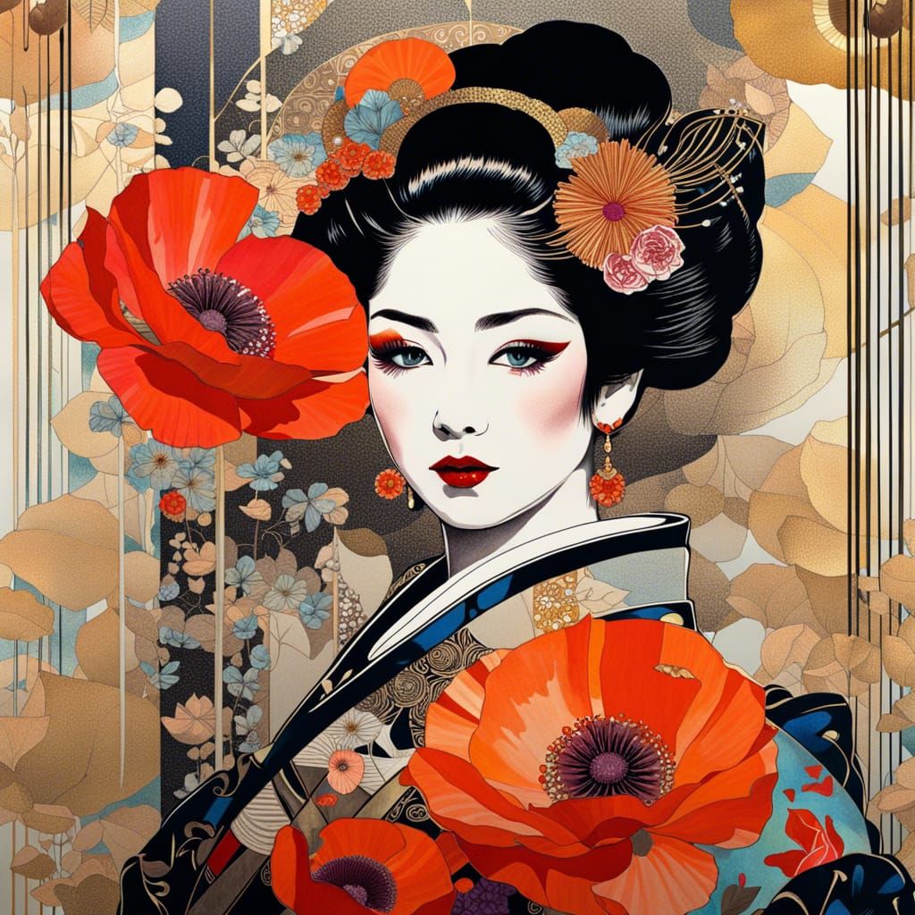 Geisha Portrait with Poppies in Collage Style