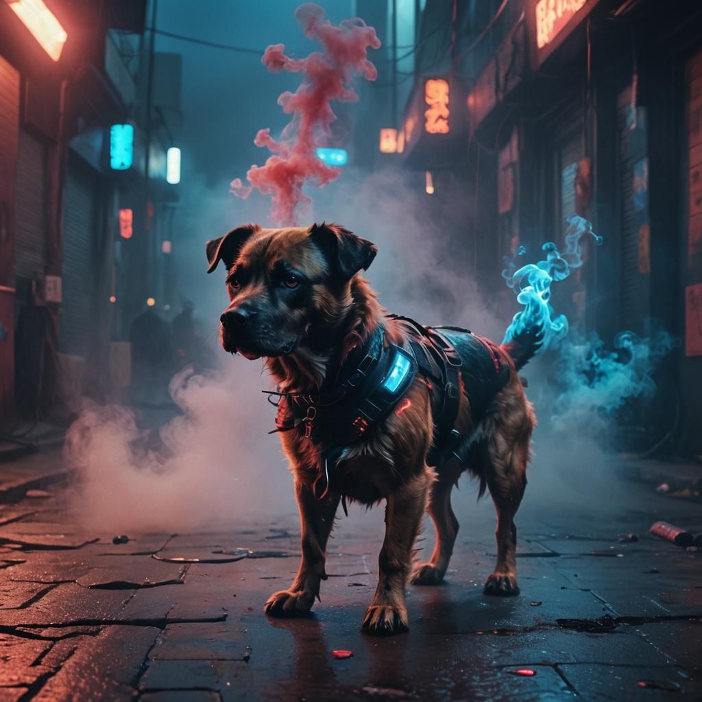 Cyberpunk Dog with Glowing Eyes in Smoky Cityscape