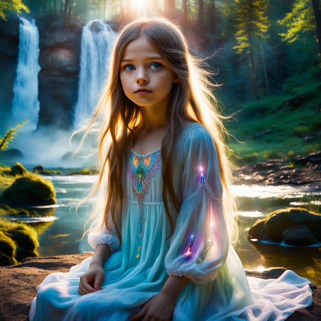 Psychedelic Girl in Forest with Floating Objects