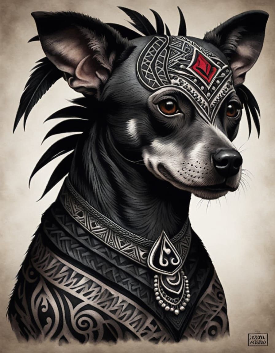 Xoloitzcuintle Dog with Tribal Tattoos in Charcoal Style
