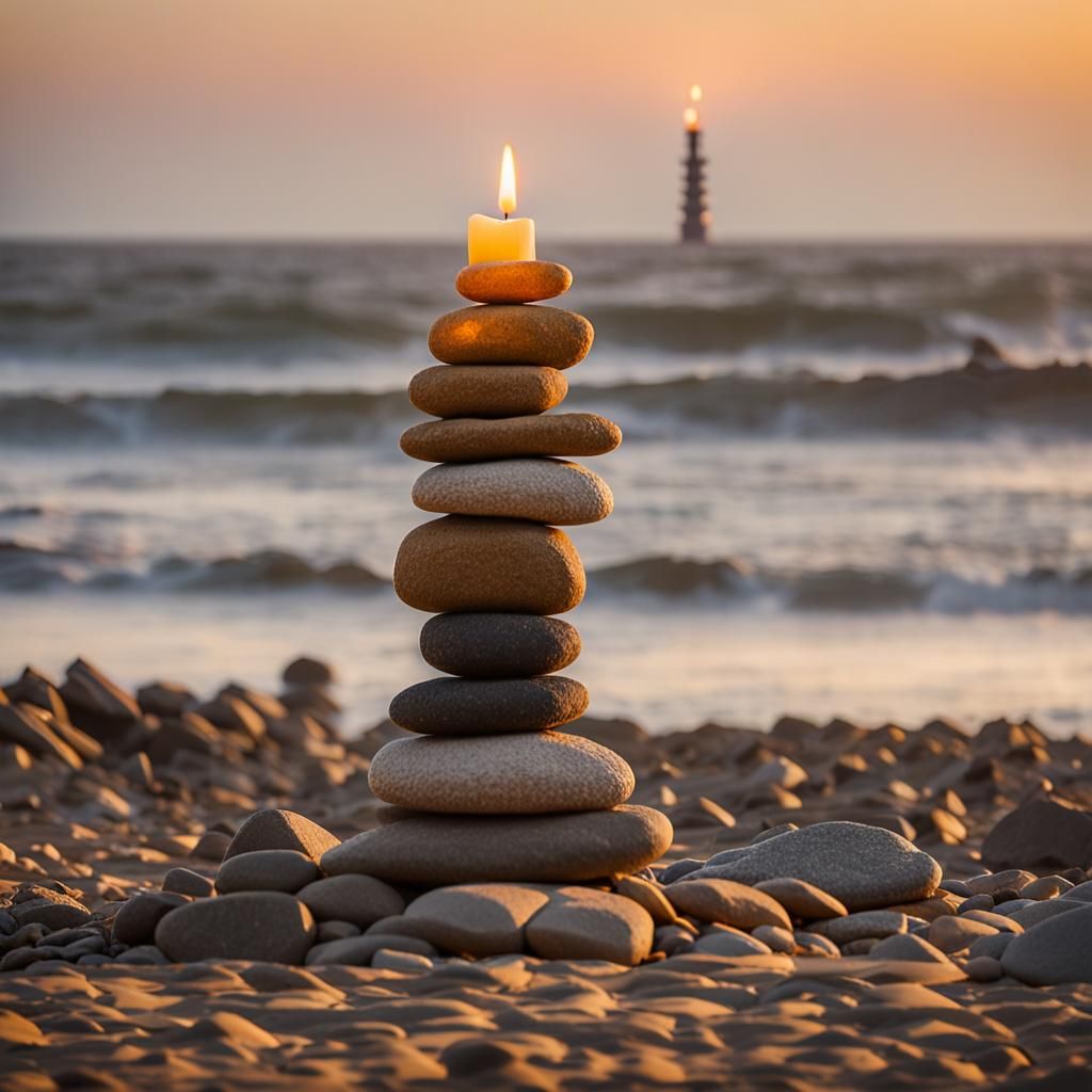Coastal Stone Tower Sculpture with Candle Flame