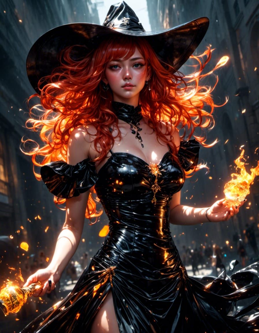 Beautiful Witch with Dragon and Golden Wand