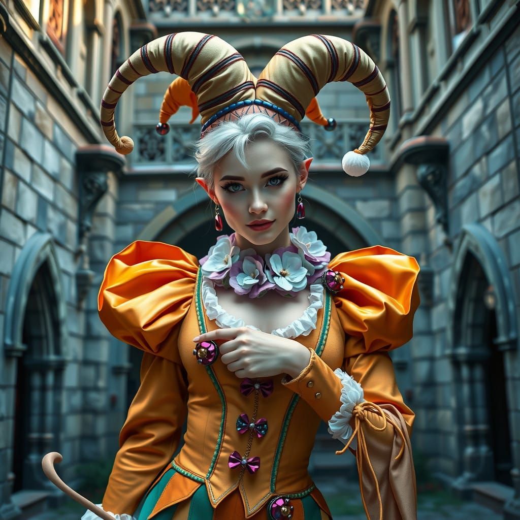 Hyperrealistic Goddess in Whimsical Jester Attire