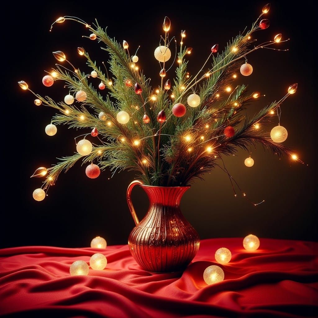 Festive Pine Branches in Crystal Vase: Hyperrealistic HDR Im...