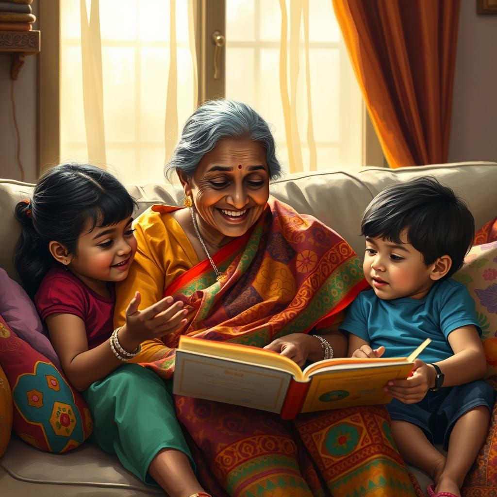 Cozy Indian Grandmother Tells Whimsical Stories to Curious G...
