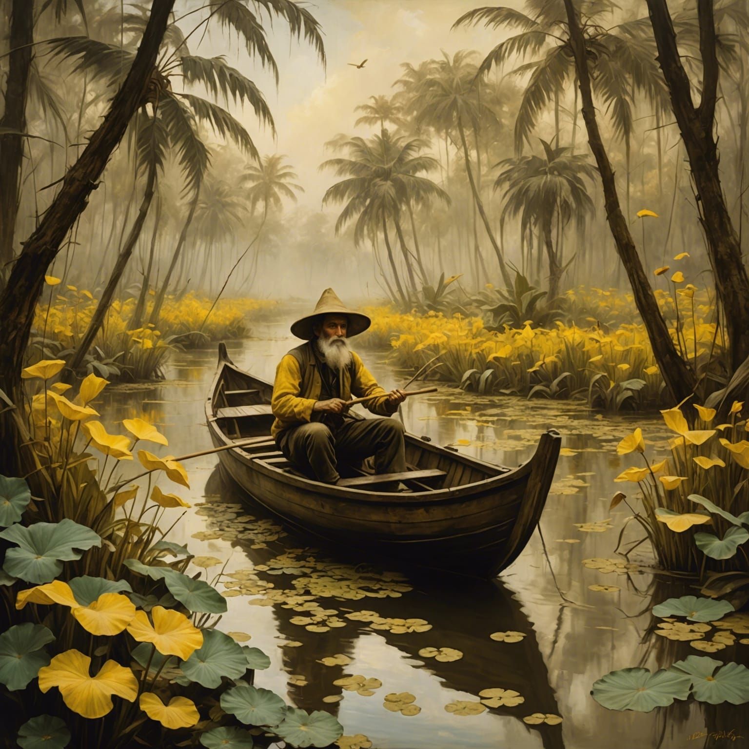 Surreal Jungle Swamp: Impressionistic Oil Painting with Sepi...