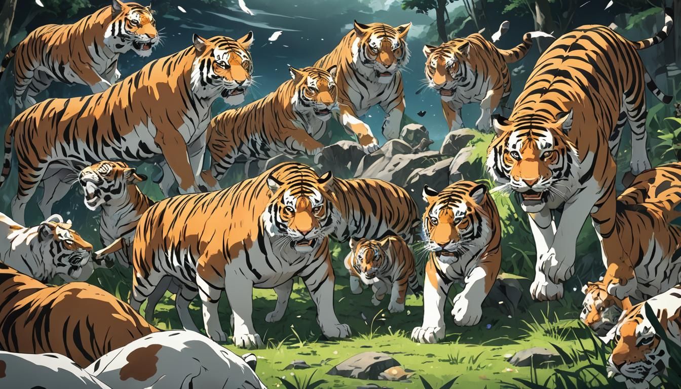 Nine Cows and Two Tigers in Anime Style