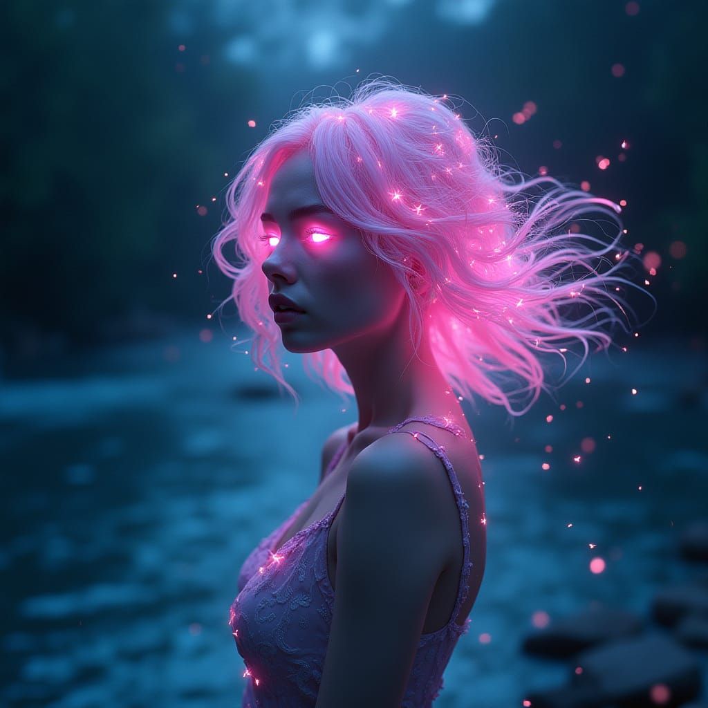 Ethereal Woman with Iridescent Hair by Glowing River