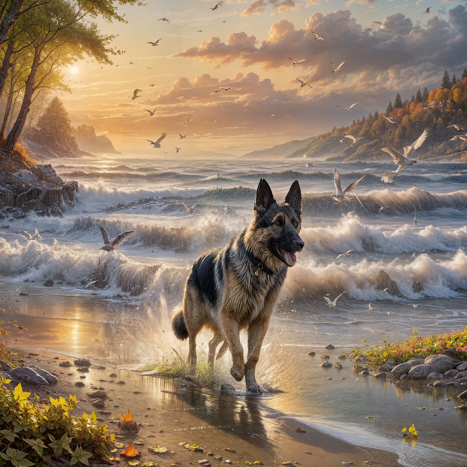 German Shepherd Runs on Sunset Shoreline