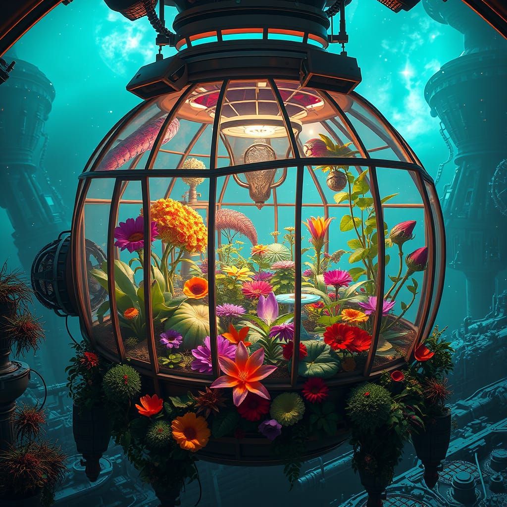 Vibrant Alien Plants in Futuristic Space Greenhouse
