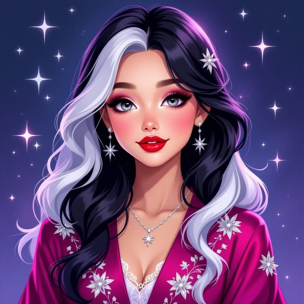 Whimsical Woman with Black & White Hair in Starry Robe