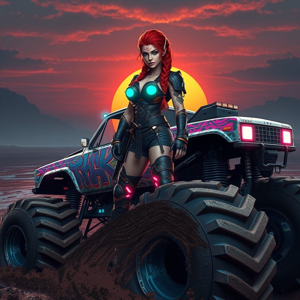 Cyberpunk Valkyrie on Monster Truck in Wasteland